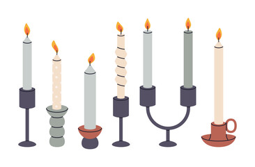 Candles in candlesticks. Cartoon wax scented candle, cute taper burning candles flat vector illustration set. Colorful aroma candles on white