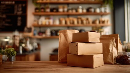A stack of brown cardboard boxes and paper bags sits on a wooden counter in a blurry, warmly lit cafe setting with shelves of various goods in the background