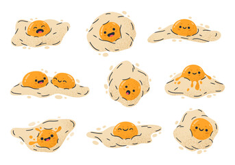 Chicken eggs characters. Funny fried eggs mascots, cute comic eggs for breakfast with facial emotions flat vector illustration set. Cartoon fried egg mascots