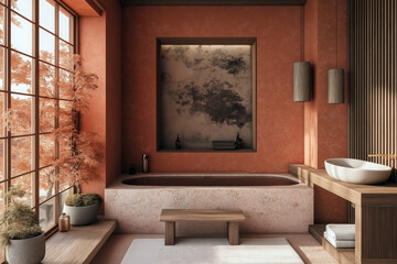 Japandi-style bathroom with terracotta walls, a deep soaking tub, wooden textures, and a tranquil spa-like atmosphere.