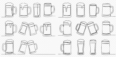 Continuous line drawing of beer mugs, some full with foam, some clinking together in celebration. © Lunara Arts