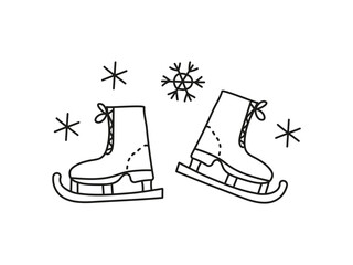 Winter sports. Ice skates. Hand-drawn line icons. Hand-drawn, sketched, and doodled black and white illustrations. Sports shoes, sports equipment.