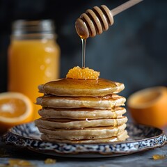 Photo of pancakes stacked high with honey drizzle, served with orange juice for breakfast