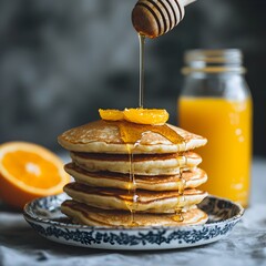 Photo of pancakes stacked high with honey drizzle, served with orange juice for breakfast