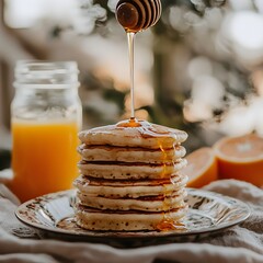 Photo of pancakes stacked high with honey drizzle, served with orange juice for breakfast