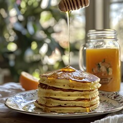 Photo of pancakes stacked high with honey drizzle, served with orange juice for breakfast