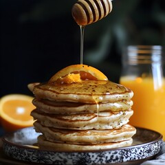 Photo of pancakes stacked high with honey drizzle, served with orange juice for breakfast