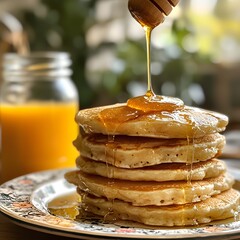 Photo of pancakes stacked high with honey drizzle, served with orange juice for breakfast