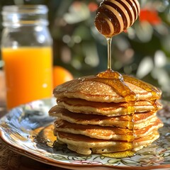 Photo of pancakes stacked high with honey drizzle, served with orange juice for breakfast