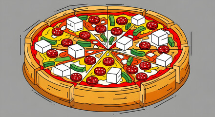 Naklejka premium A delicious pizza with pepperoni, feta cheese, and green peppers, sliced into eight pieces, ready to be served and enjoyed by everyone