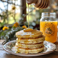 Photo of pancakes stacked high with honey drizzle, served with orange juice for breakfast