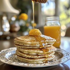 Photo of pancakes stacked high with honey drizzle, served with orange juice for breakfast