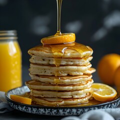 Photo of pancakes stacked high with honey drizzle, served with orange juice for breakfast