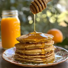 Photo of pancakes stacked high with honey drizzle, served with orange juice for breakfast