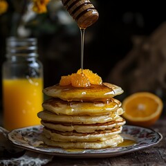 Photo of pancakes stacked high with honey drizzle, served with orange juice for breakfast