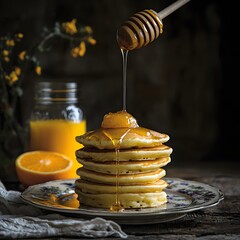 Photo of pancakes stacked high with honey drizzle, served with orange juice for breakfast