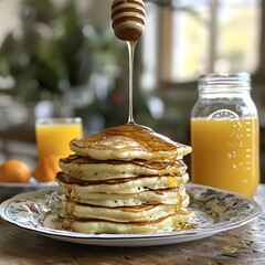 Photo of pancakes stacked high with honey drizzle, served with orange juice for breakfast