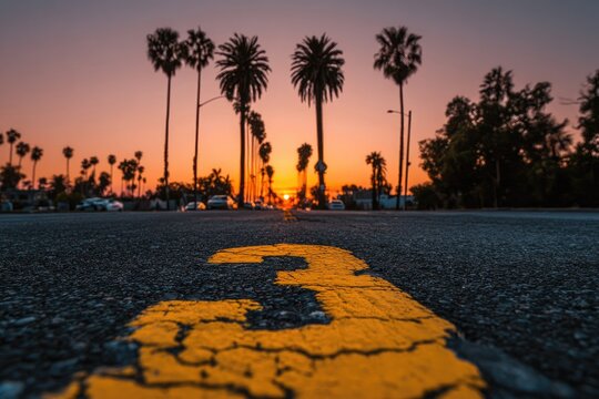 A vibrant sunset casts an orange glow on a palm-lined street, its asphalt road marked with a faded yellow number three, the scene slightly blurred in the background