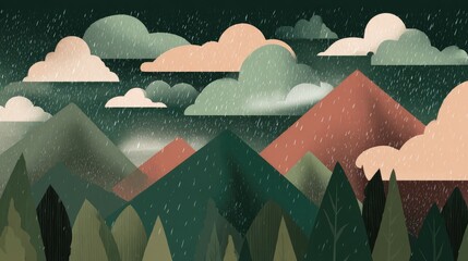 A stylized landscape illustration depicting a mountain range shrouded in rain and mist under a cloudy sky.  The color palette is muted earth tones with a focus on greens and muted reds. 