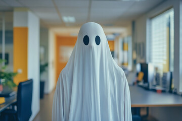 Halloween atmosphere at workstation, corporate party decorated office space, Generative AI