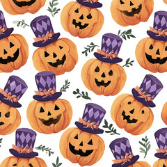 Whimsical Pumpkins in Festive Hats: A Cheerful Autumnal Delight Seamless Pattern