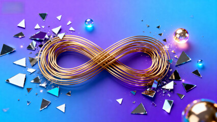 Golden infinity symbol with reflective triangular fragments on a gradient background