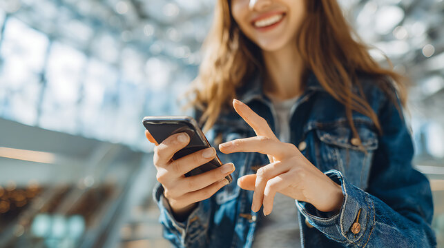 Young woman smiling while holding and using a smartphone in a modern indoor environment mobile phone