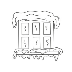 A snow-covered window. Hand-drawn line art doodle icon. Winter season, snow, icicles, ice. Black and white illustration.