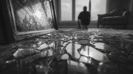 Somber Reflection in a Room with Broken Glass and Dim Light