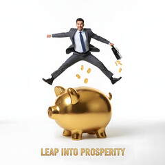 Businessman jumping over golden piggy bank with financial coins  