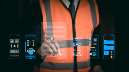 Engineer in safety vest signing digital contract with virtual checklist, representing industrial agreement, compliance, documentation, safety standards.
