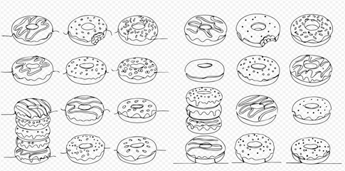 Line art illustration of assorted donuts, some stacked, with various toppings and a bite taken out of one.