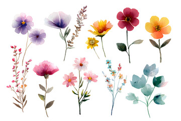 Obraz premium Watercolor floral stem collection hand-painted botanical art flower accent bouquet. Isolated on transparent.