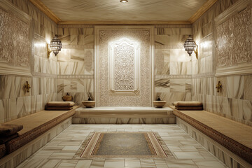 Interior of a traditional Turkish hammam with marble walls and patterns, relaxing atmosphere.