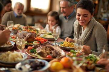Modern Turkish family at dinner table with traditional meals, happy togethernes.