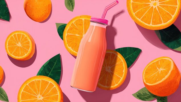 A vibrant flat lay showcases a glass bottle of orange juice, encircled by orange slices and leaves on a pink background.  The bottle has a pink cap and a straw