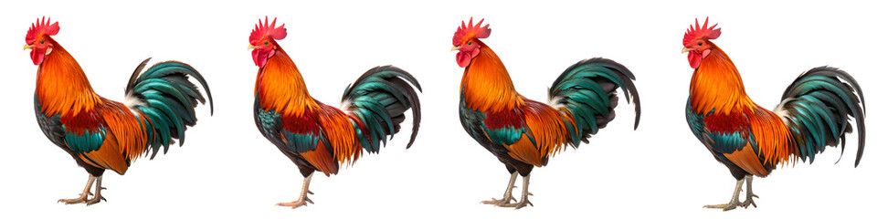 Fototapeta premium Four colorful roosters isolated on transparent background