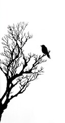 Simple silhouette of a solitary bird perched atop a bare tree against a stark white background.