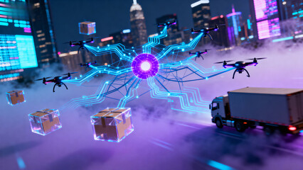 Futuristic urban delivery system with drones, cargo trucks, and digital network connections in a neon-lit cityscape
