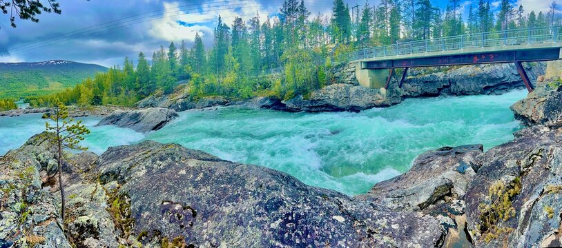 Polfossen Waterfall Rapids and Bridge Panorama in Norway