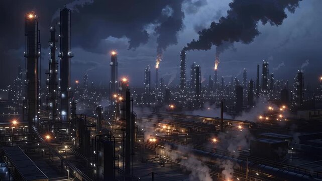 Dystopian petrochemical skyline, emergency sirens casting neon reflections on pipelines, glowing steam rising into the deep twilight, cinematic industrial realism.
