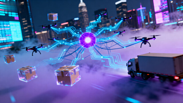 Futuristic urban delivery system with drones, cargo trucks, and digital network connections in a neon-lit cityscape