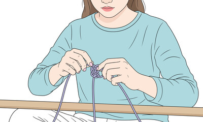 Creative young woman crafting macrame with delicate hands, enjoying mindful artistic hobby, perfect for DIY projects, relaxation, and handmade gifts