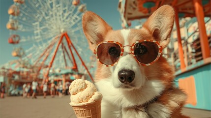 Corgi wearing sunglasses enjoys ice cream cone at amusement park with ferris wheel in background