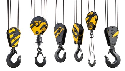 Industrial crane pulleys against white background