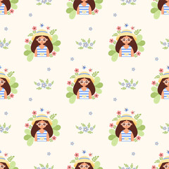 Obraz premium Summer seamless pattern with Cute Girl in Sun Hat and Sunglasses with Flowers on White Background. Vector flat illustration. Template for seasonal design, packaging, wallpaper and textile. Not AI