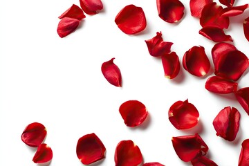 Red rose petals scattered on a white background