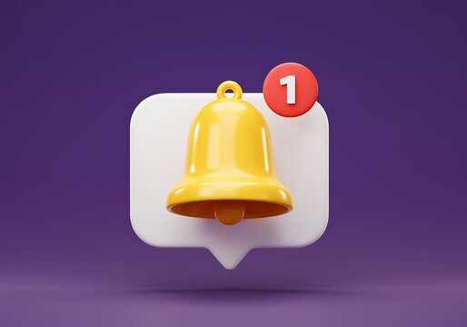 Notification Bell Icon with Number One on Speech Bubble on Purple Background Represents Alert and Social Media Updates