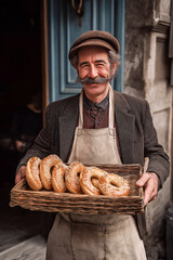 Turkish simit vendor holding a tray of sesame breads on the street, authentic portrait.