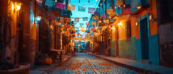 Obraz premium Festive alleyway adorned with colorful paper banners and ambient lights, creating a vibrant atmosphere